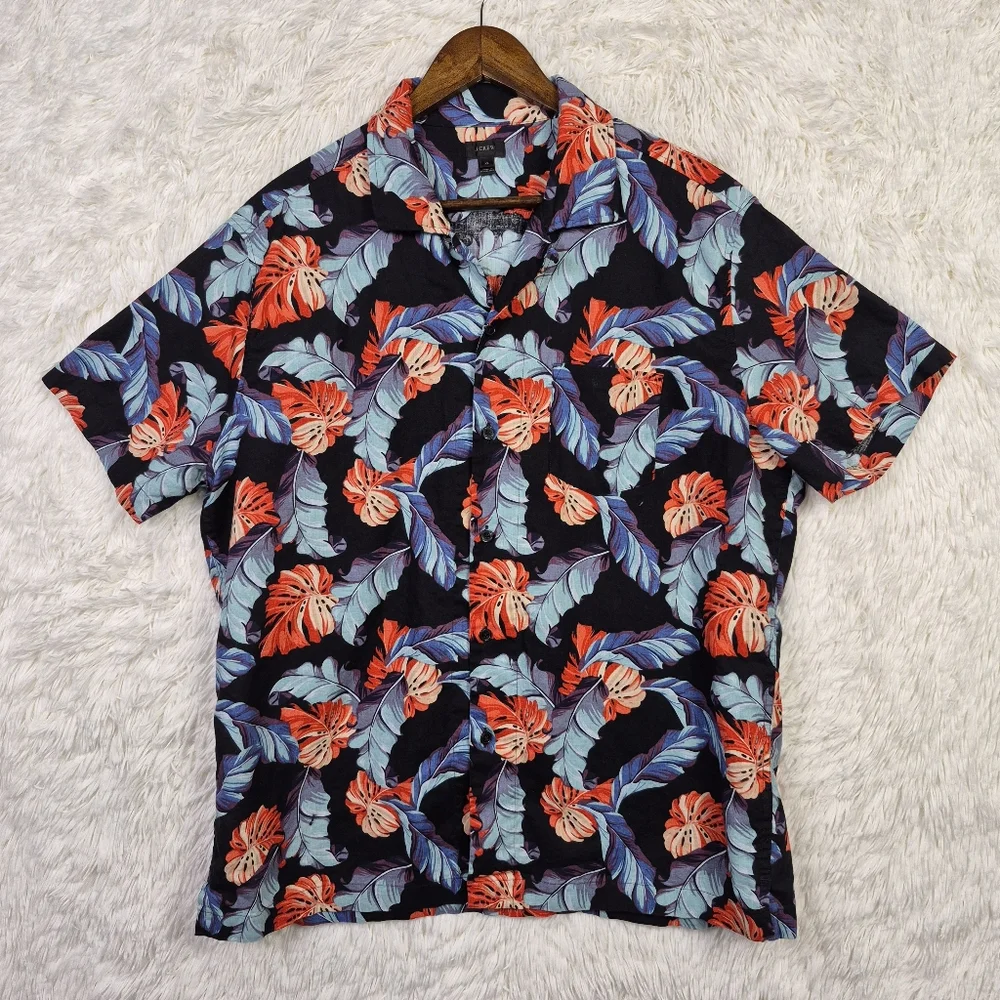 J Crew Mens‎ XL Camp Collar Linen Blend Tropical Print Shirt Beachy Resort